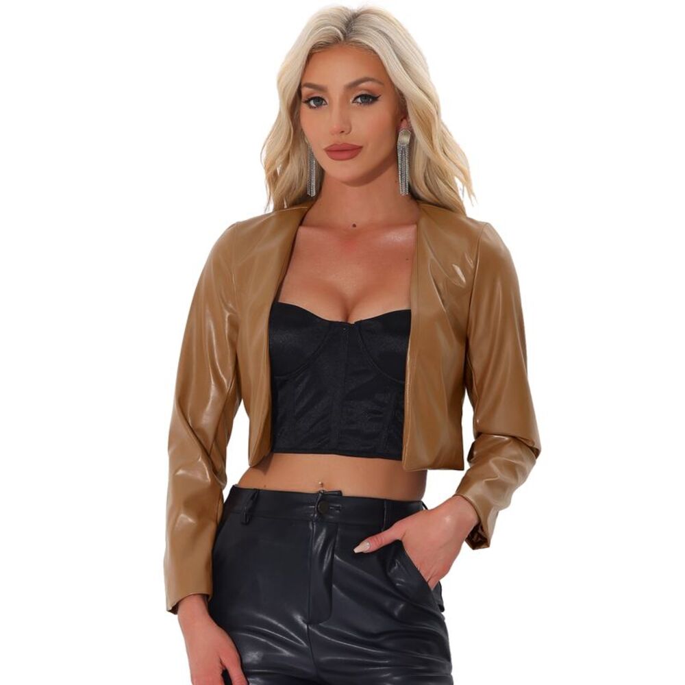 Faux Leather Jacket Moto Biker Cropped PU Jackets Brown